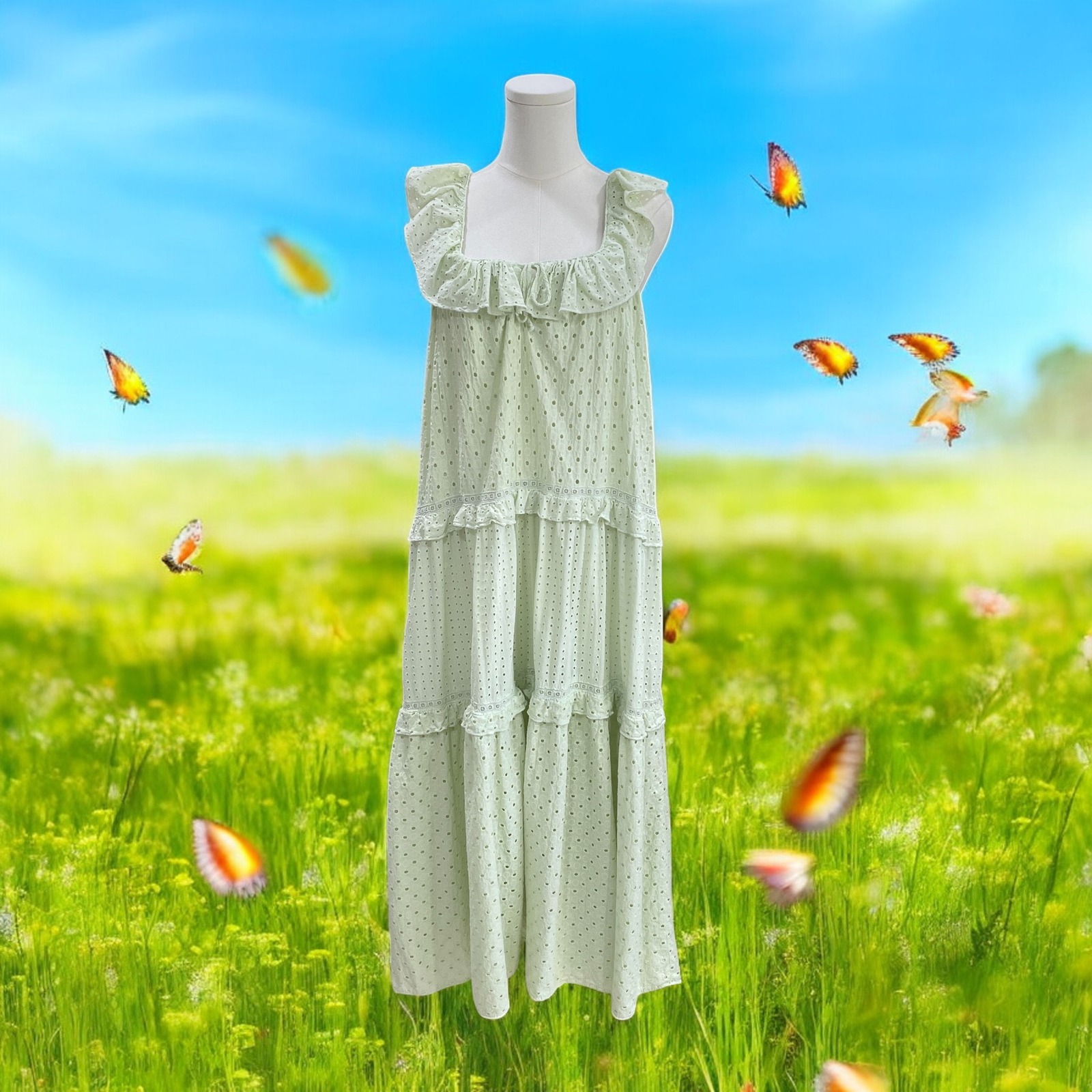 Zara Eyelet Maxi Dress Cottagecore Fairycore Prairie Romantic Spring Green Sz M